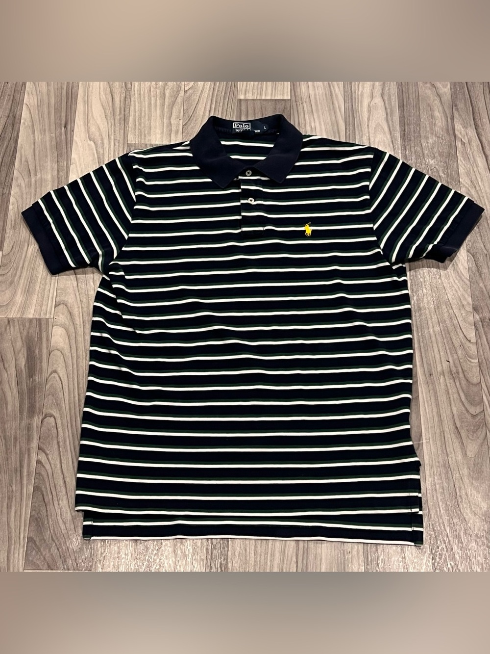 SIZE LARGE MENS POLO RALPH LAUREN NAVY GREEN WHITE STRIPED POLO SHIRT